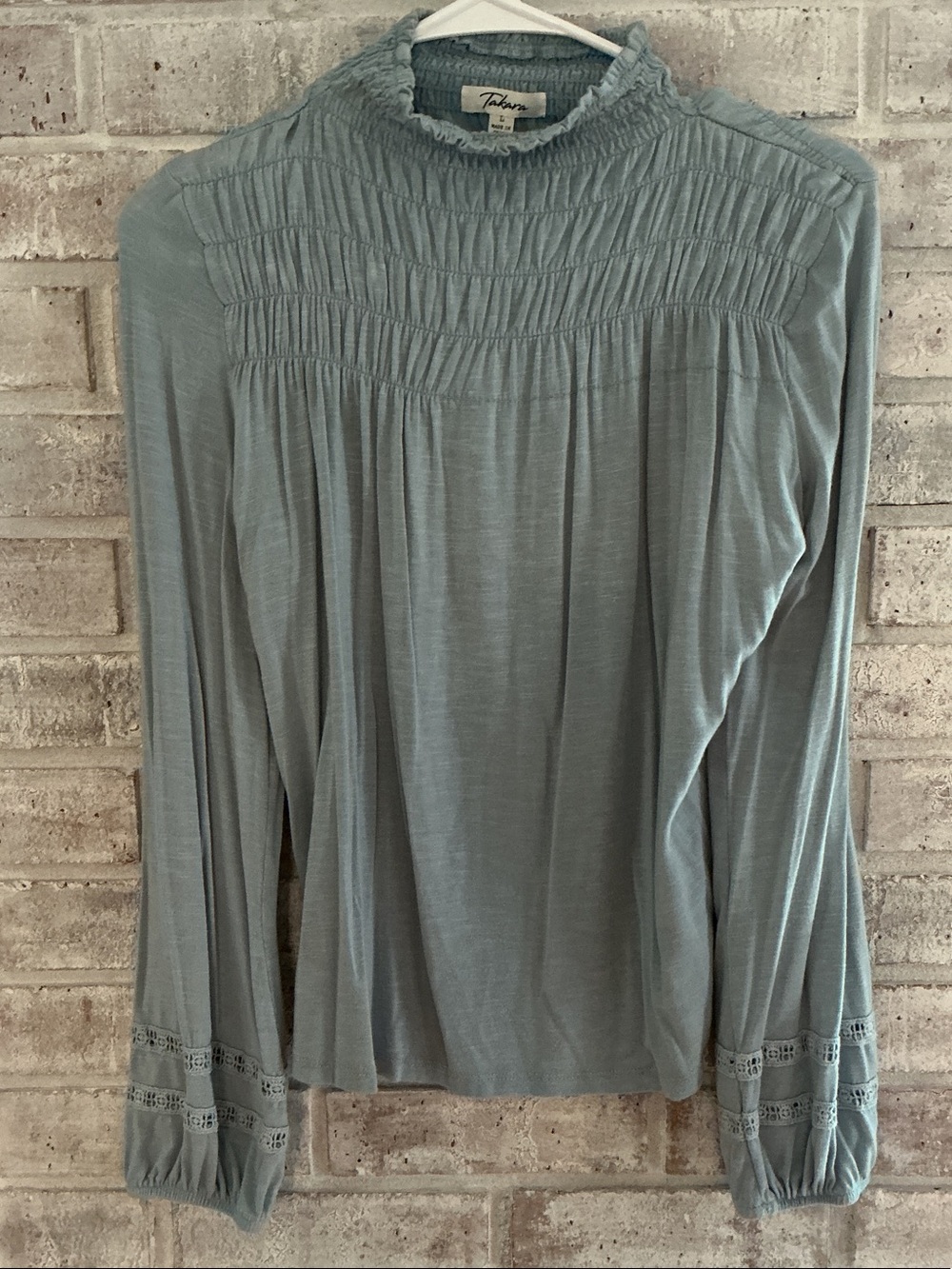 Takara Dusty Blue Smocked Yoke Long Sleeve Top